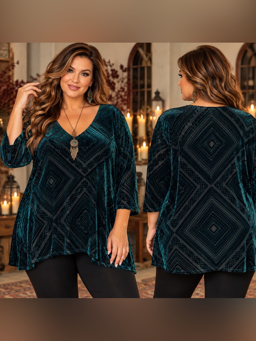 Catherines 3X Teal Burnout Velvet Boho Tunic Top